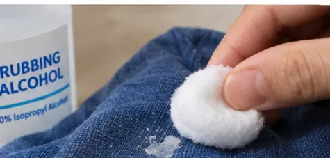 A cotton pad applying rubbing alcohol to a glue spot on blue fabric beside an isopropyl alcohol bottle.