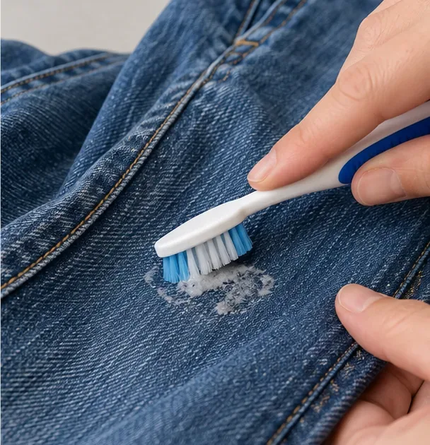 A soft toothbrush gently brushing a small remaining spot on blue denim