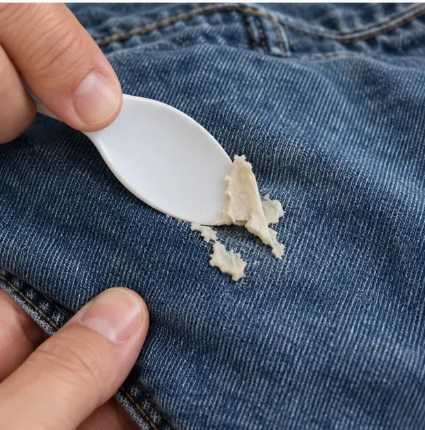 A white spoon gently lifting hardened chewing gum from blue denim