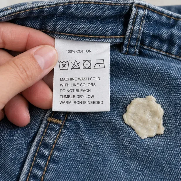 A hand holding the care label of blue jeans next to a piece of chewing gum stuck on the denim