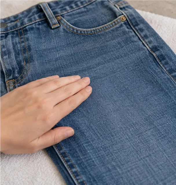 A hand checking the surface of clean blue jeans after gum removal