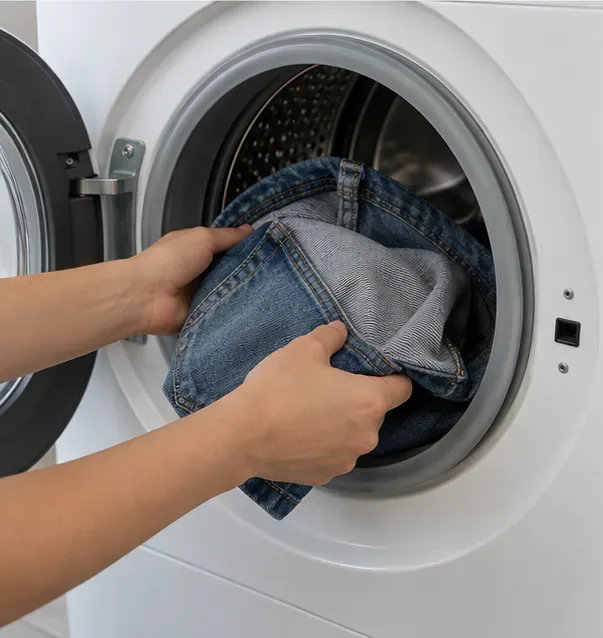 Hands placing blue jeans into a front-loading washing machine