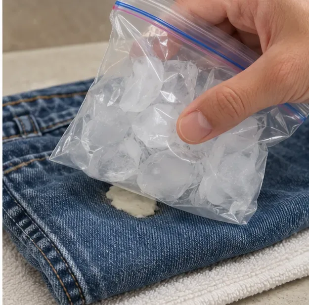 A resealable bag filled with ice cubes pressed against chewing gum on folded blue jeans