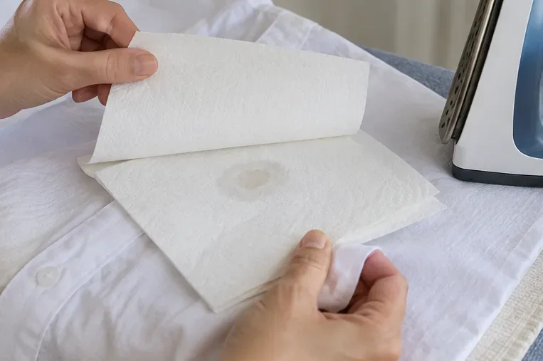A clean paper towel being lifted from a white shirt after low-heat ironing transfers wax into the paper