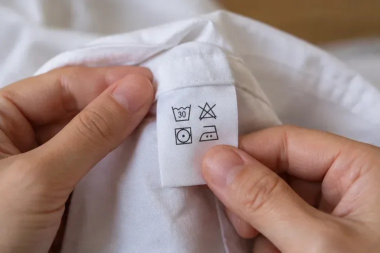 Hands holding the care label on a white shirt before treating a hardened wax stain