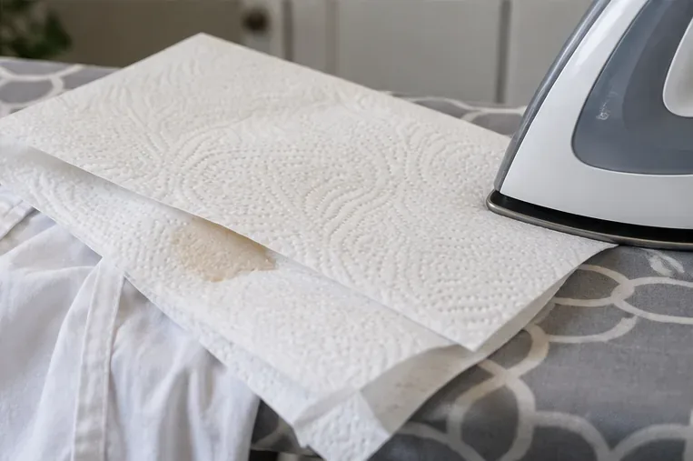 White paper towels placed over a waxy spot on a white shirt beside a household iron