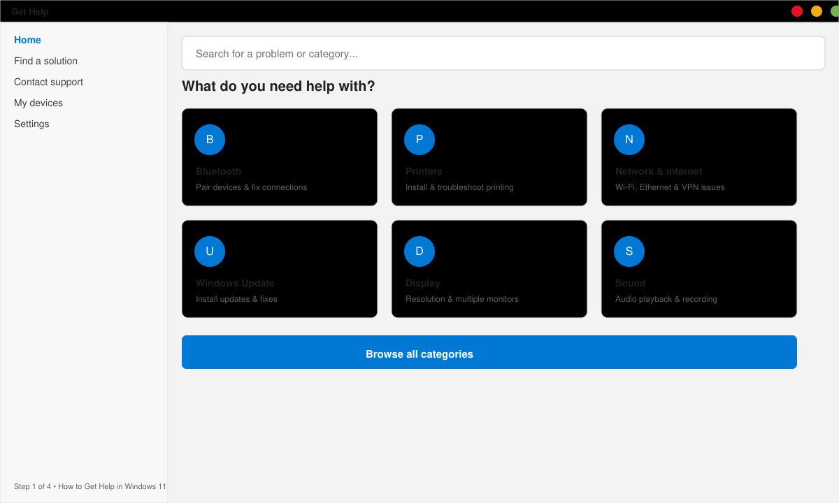 Get Help app home screen displaying common troubleshooting categories such as Bluetooth, Printers, and Network
