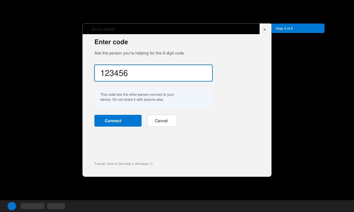 Quick Assist window showing the code entry screen on a Windows 11 device