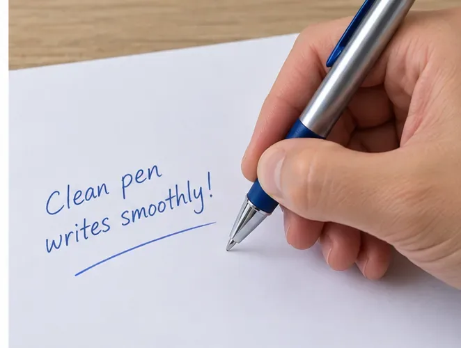 A hand testing a blue pen on white paper with a continuous blue underline beneath a short handwritten phrase