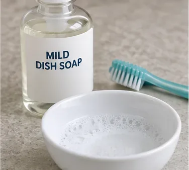 A small bowl of sudsy cleaning solution beside a bottle labeled mild dish soap and a soft toothbrush.