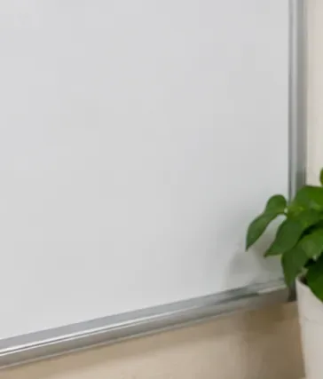A clean blank framed dry-erase board beside a small green plant