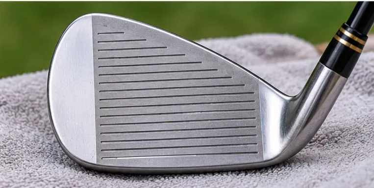 A clean silver golf iron face resting on a dry towel after rust and residue have been removed
