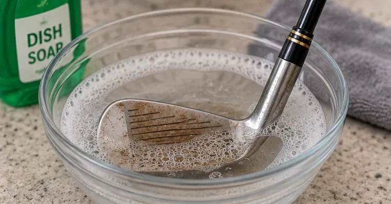 The head of a rusty golf iron being cleaned in a bowl of warm sudsy water while the shaft remains above the water