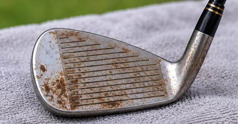 Close-up of a golf iron face with orange-brown rust spots across the grooves and hosel