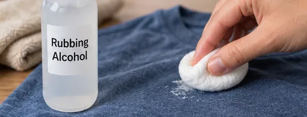Cotton pad applying rubbing alcohol to sticker residue on a blue washable shirt