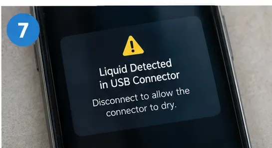 A smartphone screen showing a liquid-detected warning for the USB connector.