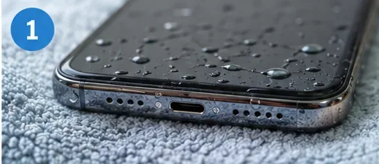 A wet smartphone with water droplets around the charging port.
