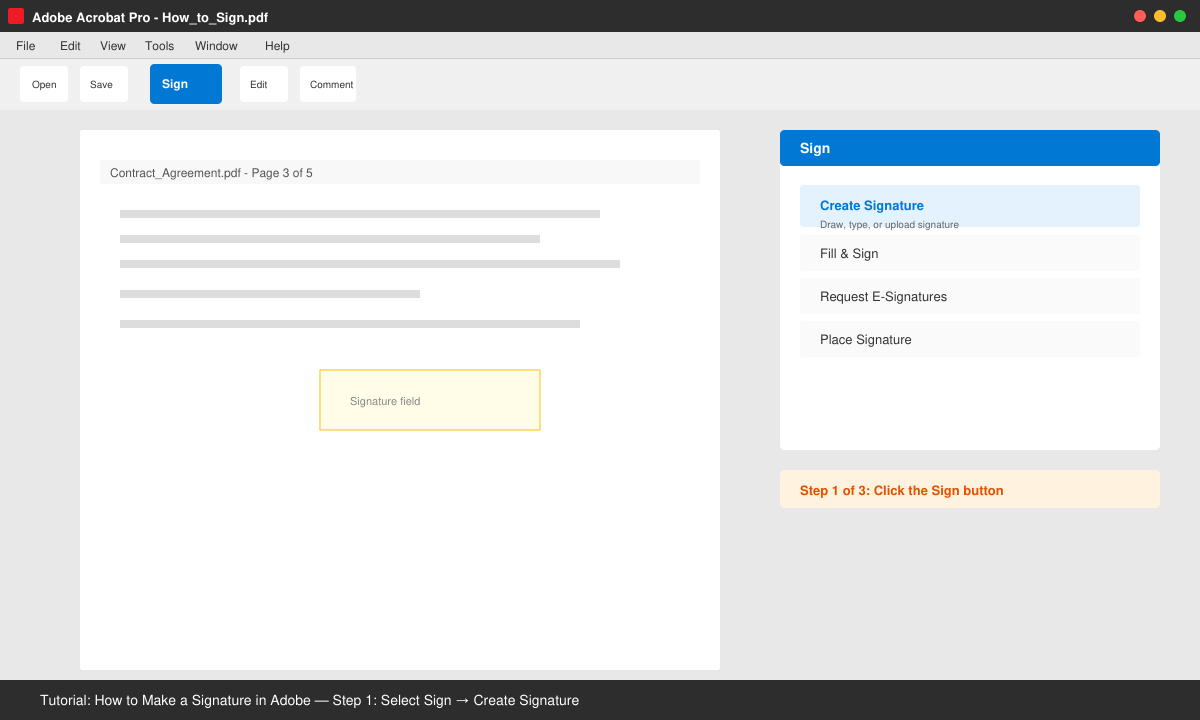 Adobe Acrobat screen with Fill & Sign toolbar visible and the Sign button highlighted