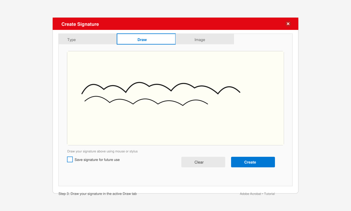Signature creation window showing the Draw option active with a sample signature