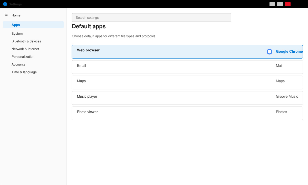 Windows Settings window open to the Default apps section with the Web browser option highlighted