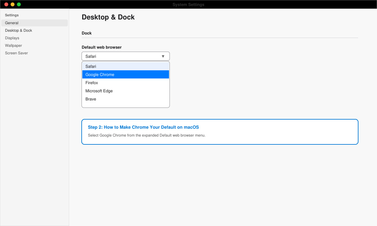 macOS System Settings window showing the Default web browser dropdown with Google Chrome selected