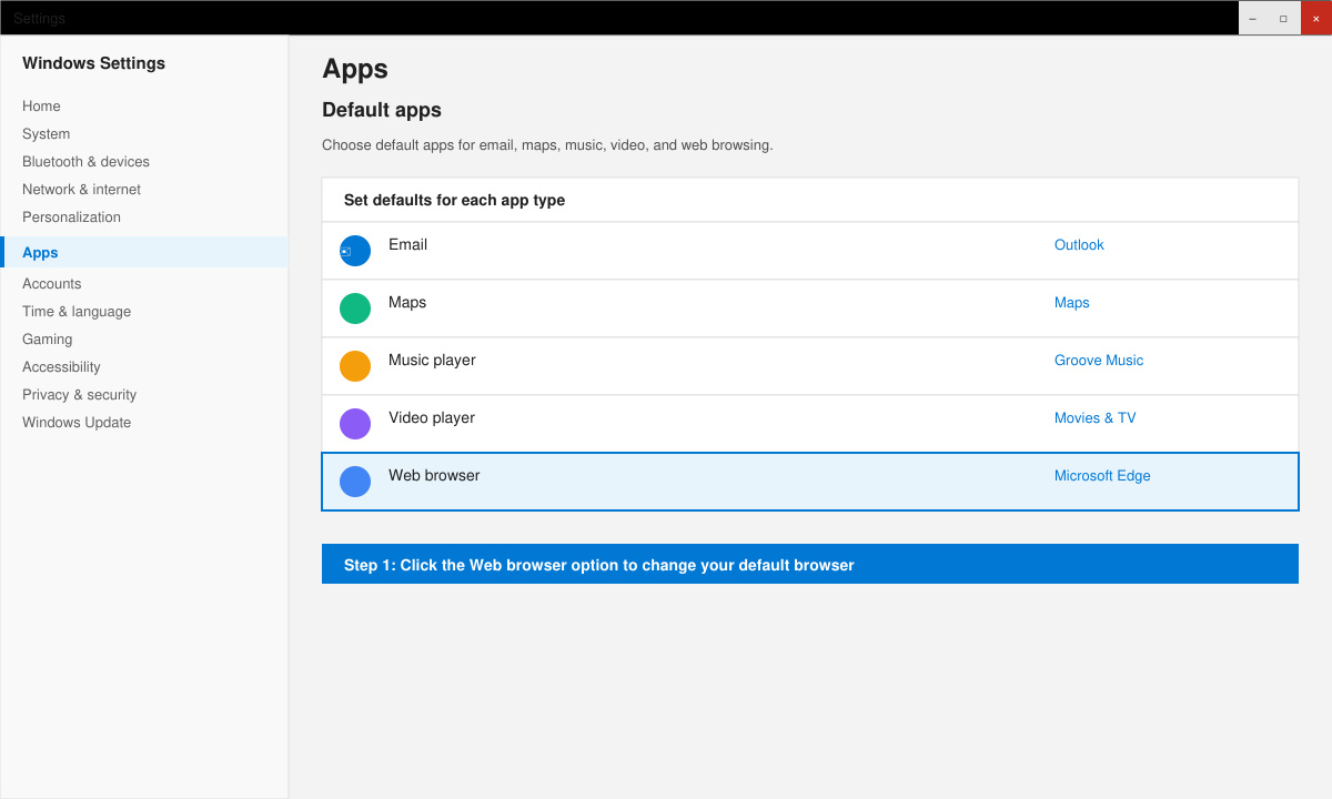 Windows Settings screen with Default apps section visible and Web browser option highlighted