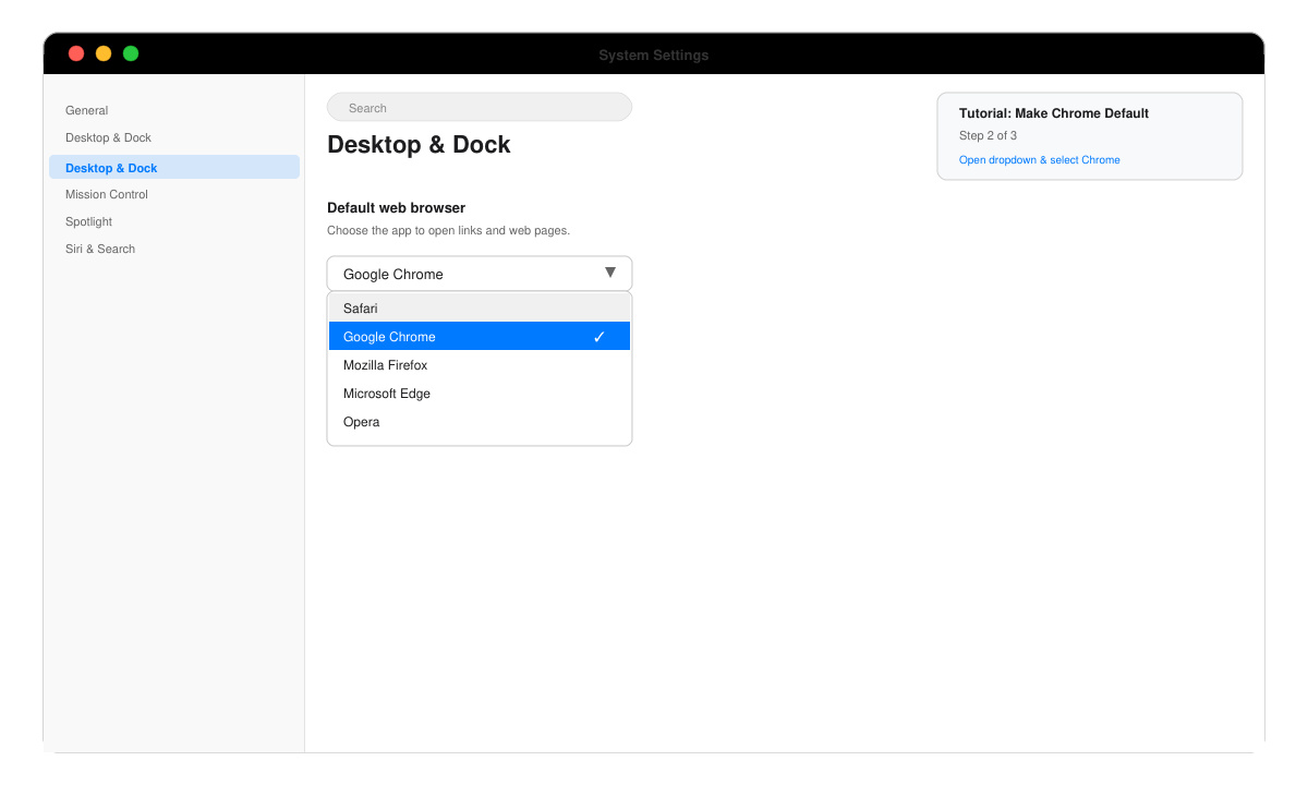 macOS System Settings window showing the Default web browser dropdown open with Google Chrome selected