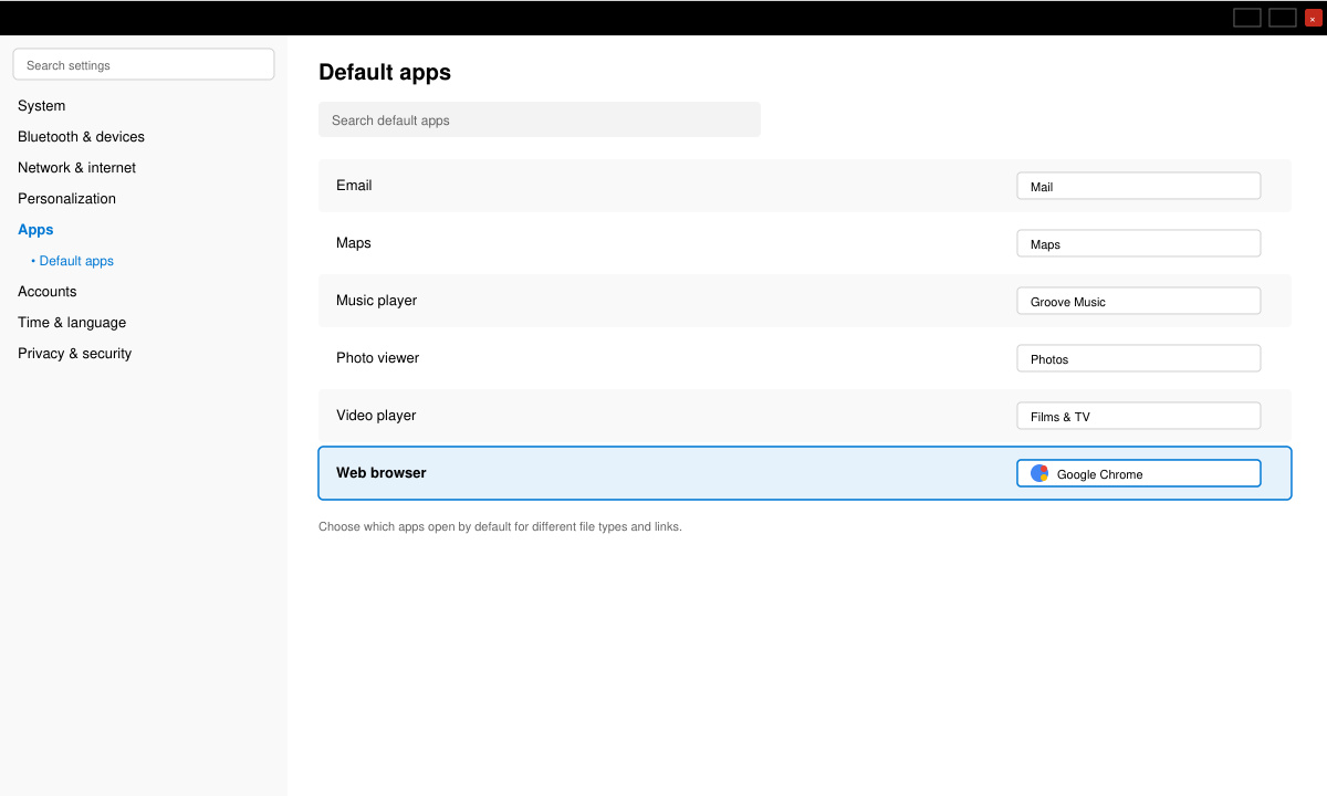 Windows default apps screen for setting Chrome as default browser