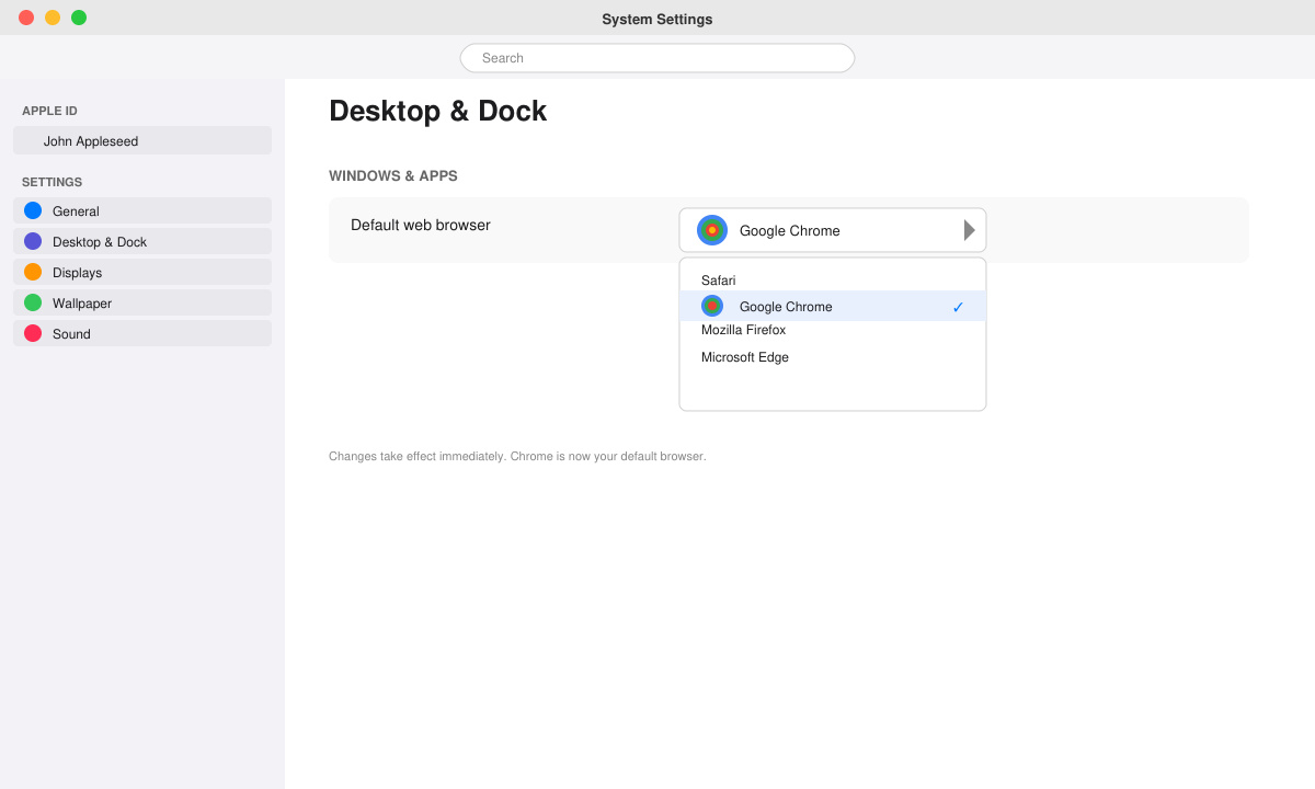 Mac system settings confirming Google Chrome as default browser