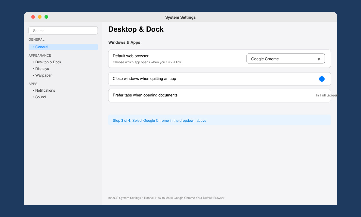 macOS System Settings showing Google Chrome selected as default web browser