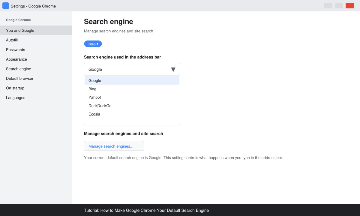 Chrome Settings page with Search engine section visible