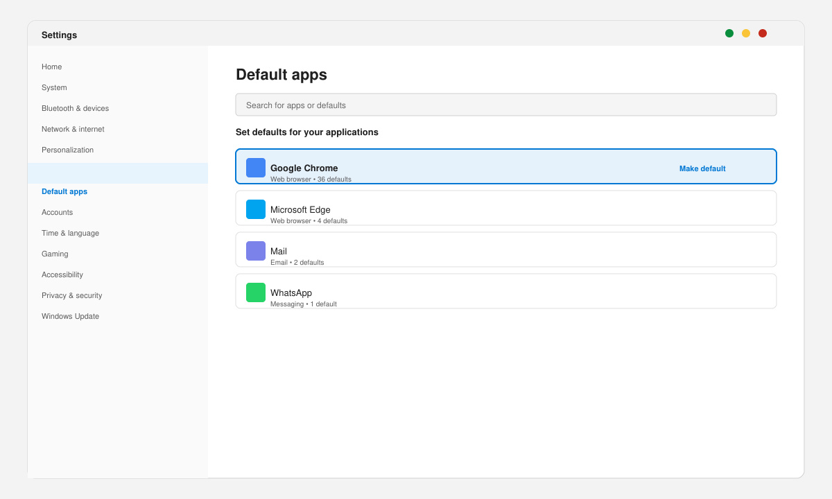 Windows 11 Default apps settings screen with Google Chrome highlighted