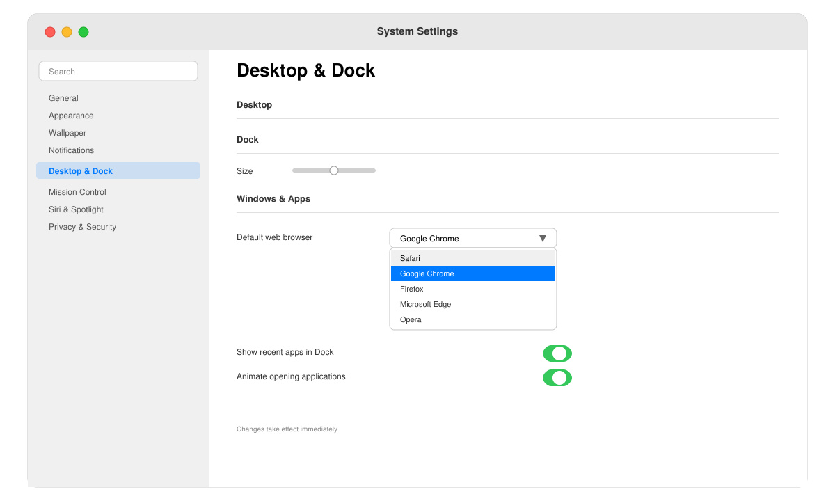 macOS System Settings showing Google Chrome selected as default browser