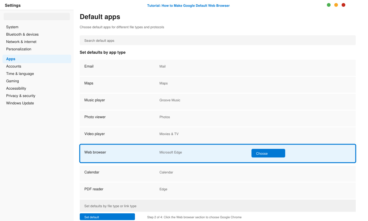 Windows Settings showing the Web browser selection screen
