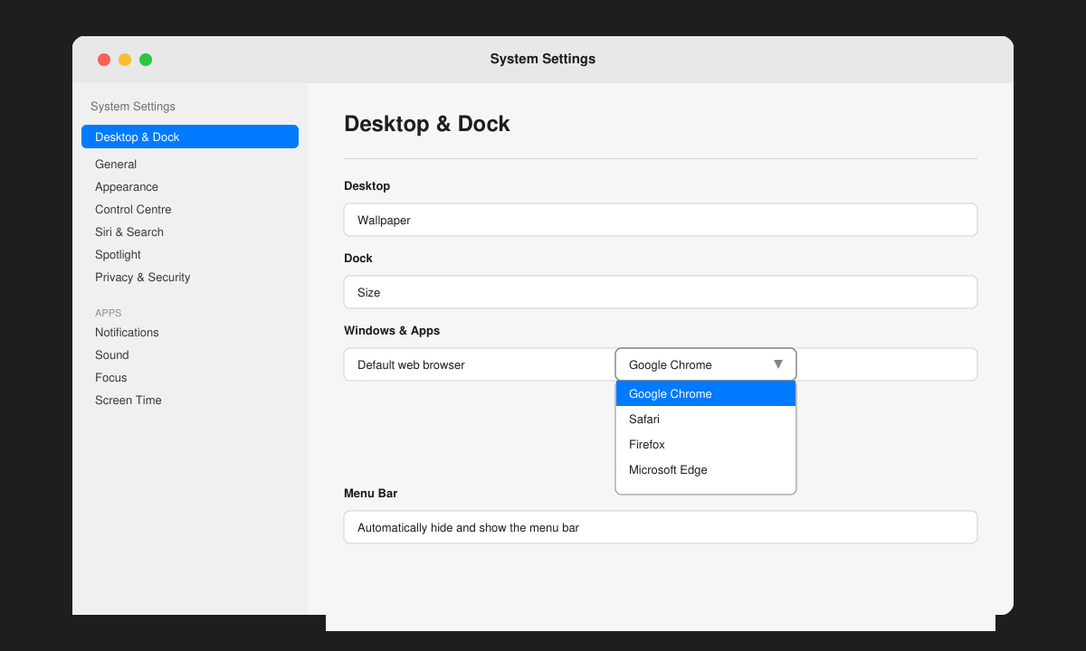 macOS System Settings with Google Chrome selected as default browser