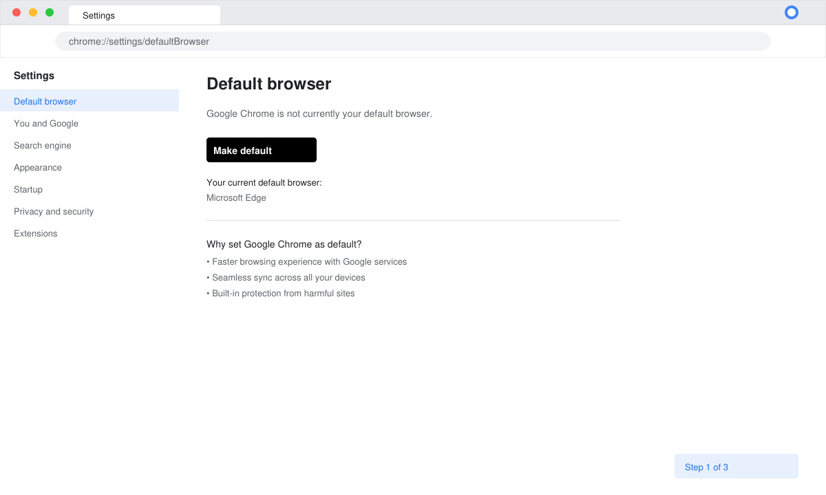Chrome Settings page open with Default browser section highlighted