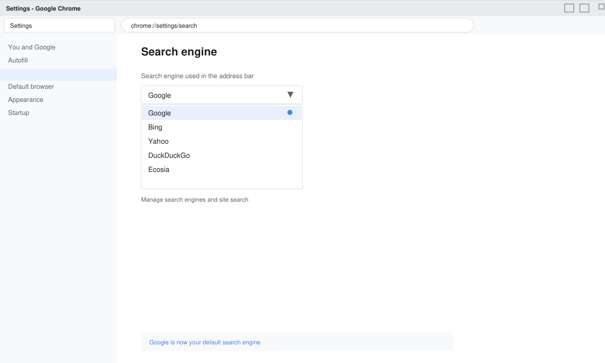 Screenshot of Chrome Settings page with the Search engine dropdown open and Google selected