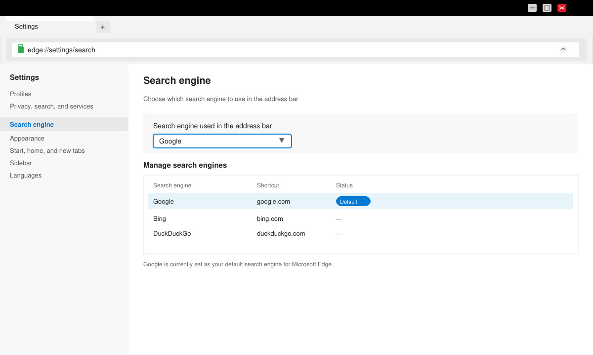Edge settings screen showing the address bar search engine selection with Google chosen