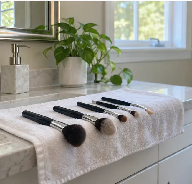 A row of makeup brushes air-drying on a towel in a bright well-ventilated room