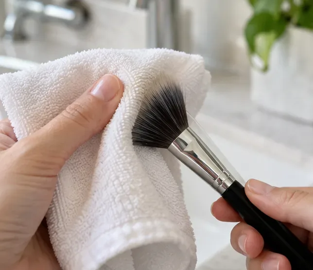 A freshly washed makeup brush being gently blotted in a clean white towel to remove excess water
