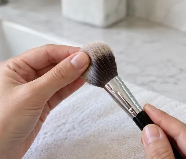 Hands gently reshaping the damp bristles of a makeup brush after washing