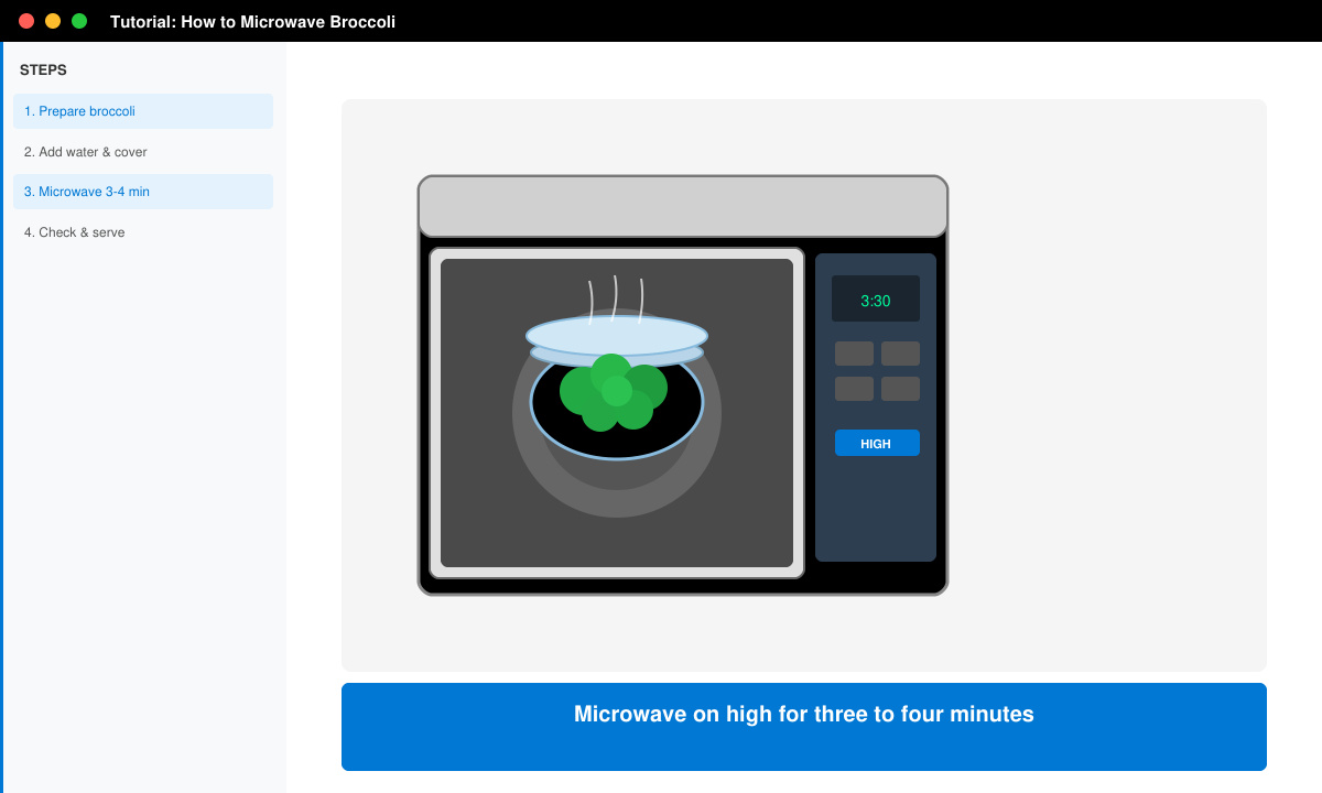 Microwave door open showing a covered glass bowl with bright green steamed broccoli inside