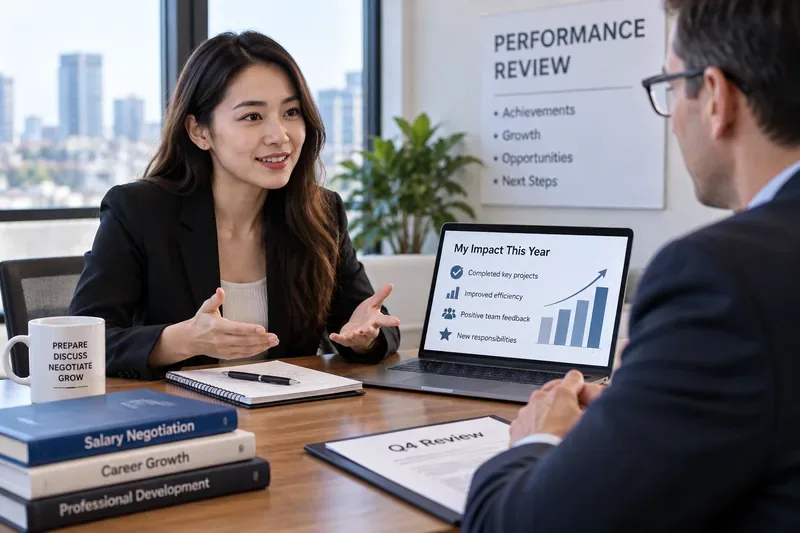 Employee discussing documented annual impact with a manager during a Q4 performance review, with an achievements summary visible on a laptop.