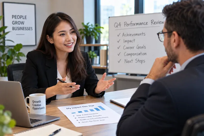 Employee and manager discussing achievements, impact, career goals, compensation, and next steps during a Q4 performance review.