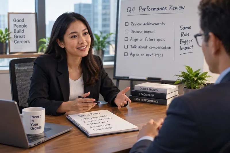 Professional employee presenting talking points about achievements, impact, market value, salary range, and next steps during a review meeting.