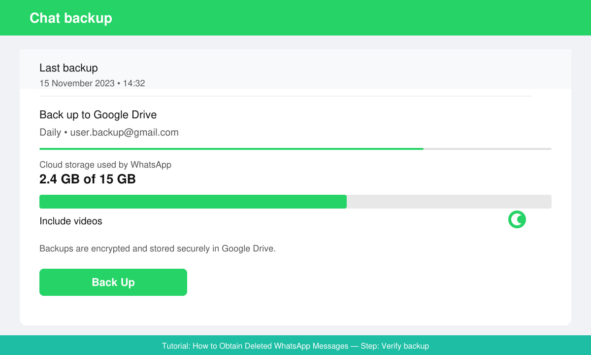 WhatsApp settings screen highlighting the Chat backup section with date and Google Drive or iCloud details visible