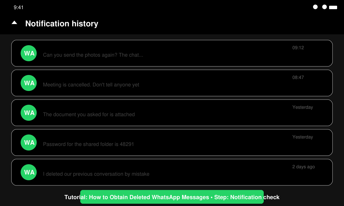 Android notification history screen displaying several WhatsApp message previews from a specific date