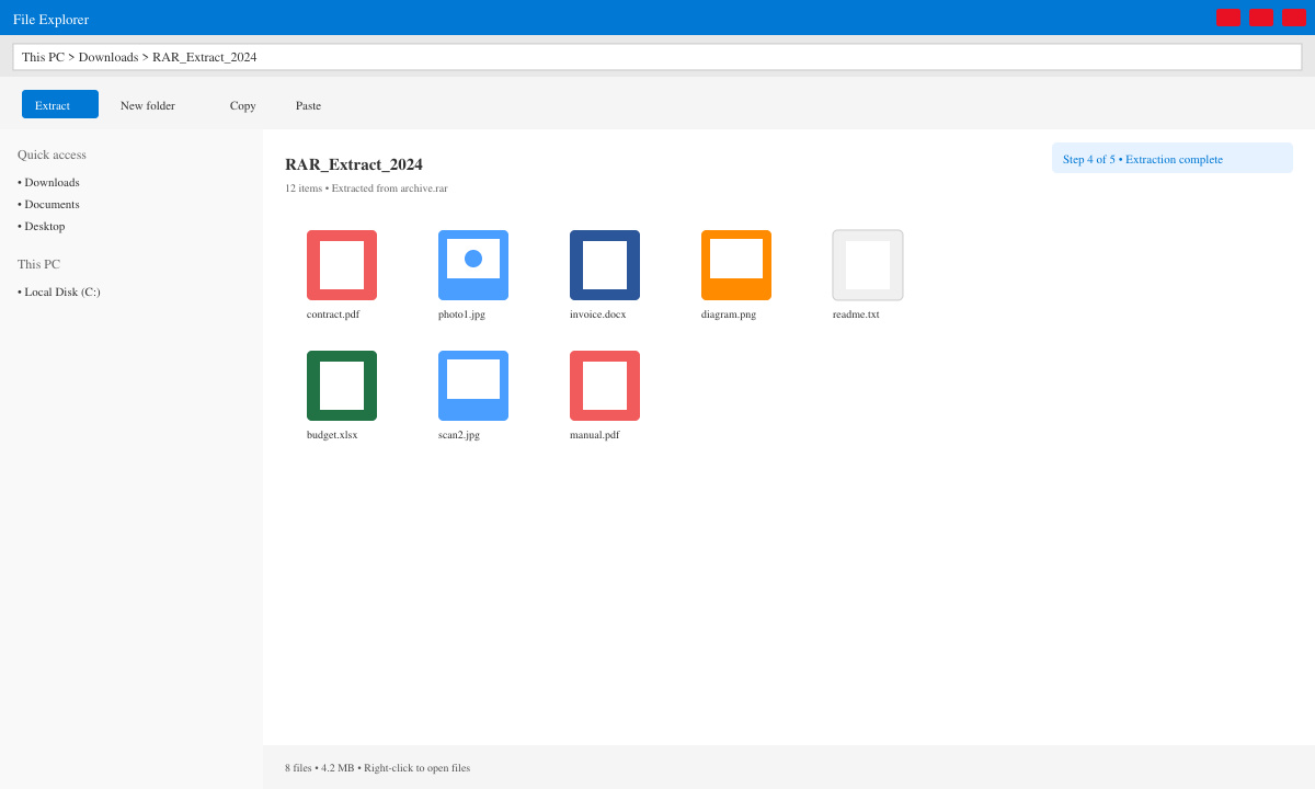 Result view showing an open folder with extracted documents and images from the RAR archive