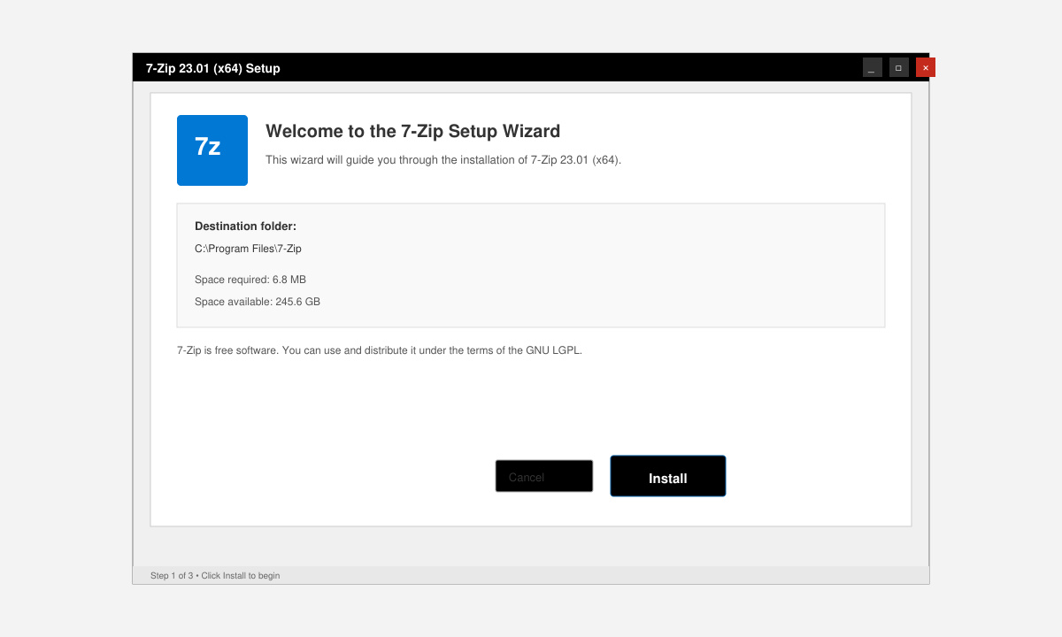 7-Zip installation wizard showing the destination folder selection screen