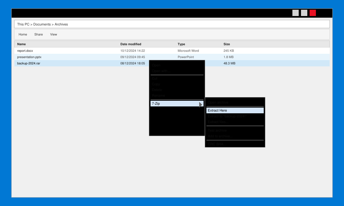 Right-click menu in File Explorer showing the 7-Zip extract option highlighted